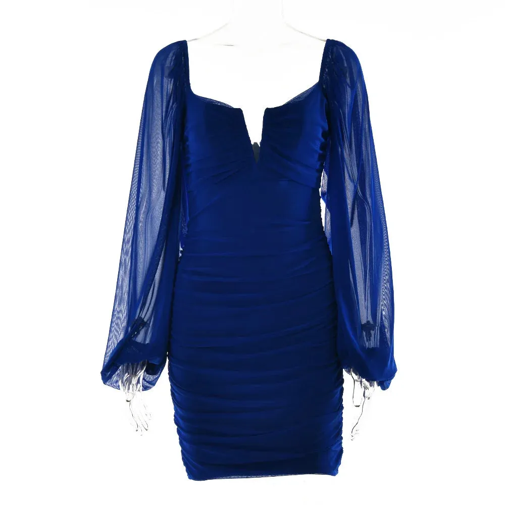 2024 Autumn Elegant Long Lantern V Neck Ruched Club Party Backless Mini Short Sexy Dress