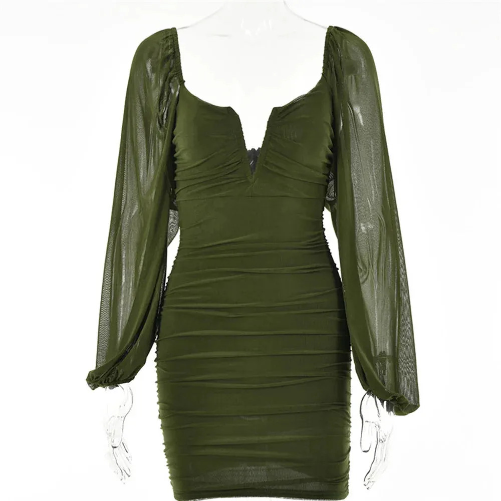 2024 Autumn Elegant Long Lantern V Neck Ruched Club Party Backless Mini Short Sexy Dress