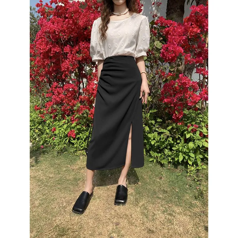 Belly-Covering High-Waisted Pleated Midi Pencil Skirt