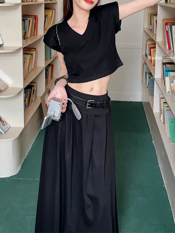 Belted Pleated Solid Color A-Line High Waisted Skirts Bottoms
