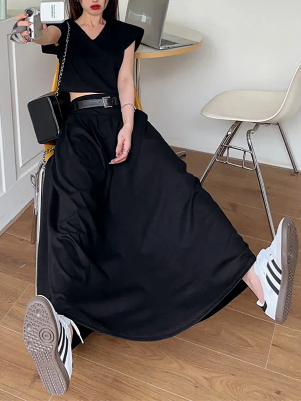 Belted Pleated Solid Color A-Line High Waisted Skirts Bottoms