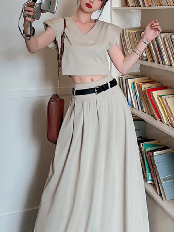 Belted Pleated Solid Color A-Line High Waisted Skirts Bottoms