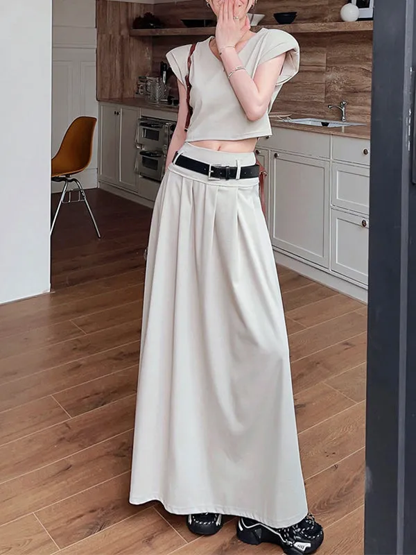 Belted Pleated Solid Color A-Line High Waisted Skirts Bottoms