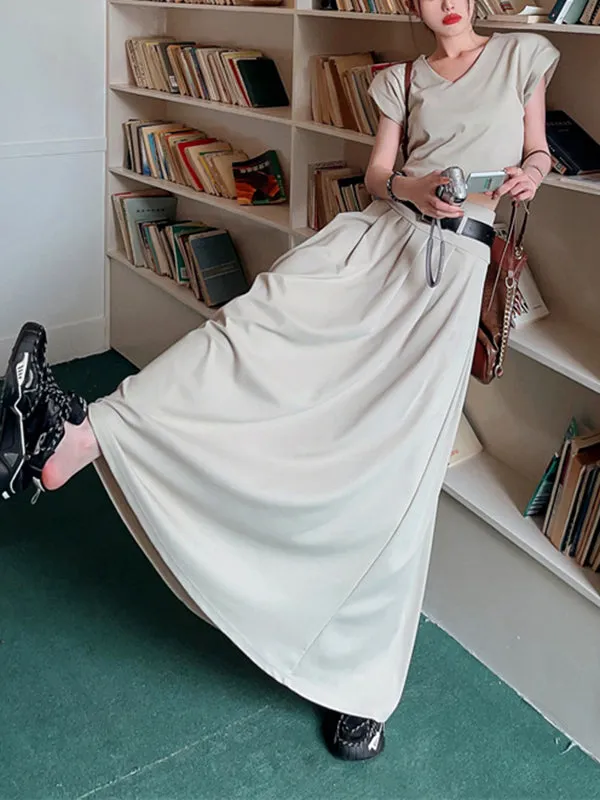 Belted Pleated Solid Color A-Line High Waisted Skirts Bottoms