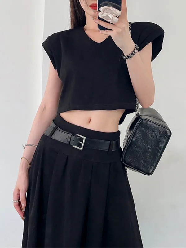 Belted Pleated Solid Color A-Line High Waisted Skirts Bottoms