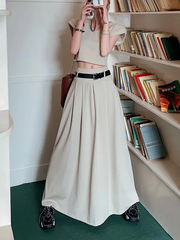 Belted Pleated Solid Color A-Line High Waisted Skirts Bottoms