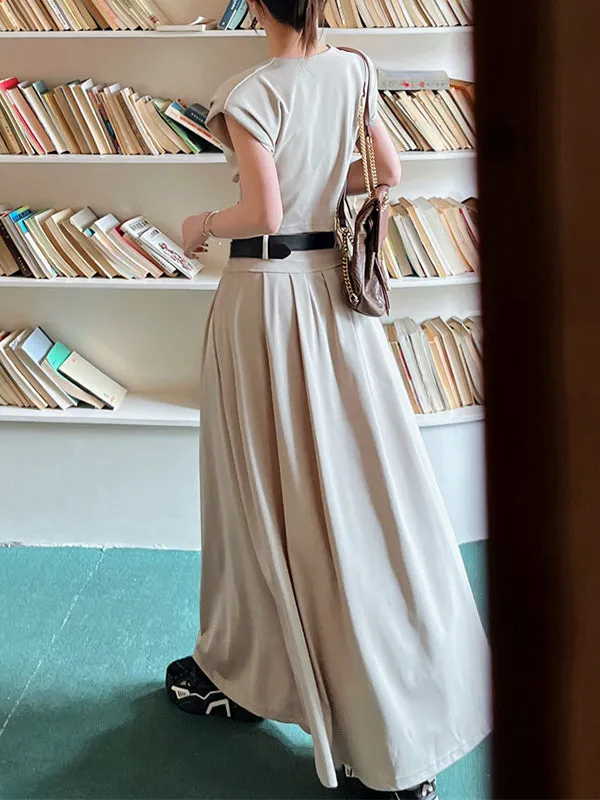 Belted Pleated Solid Color A-Line High Waisted Skirts Bottoms