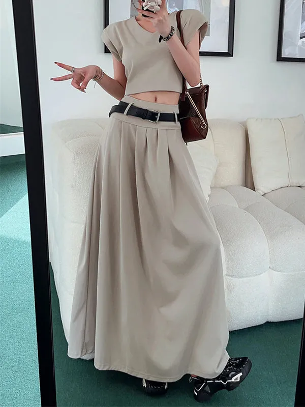 Belted Pleated Solid Color A-Line High Waisted Skirts Bottoms
