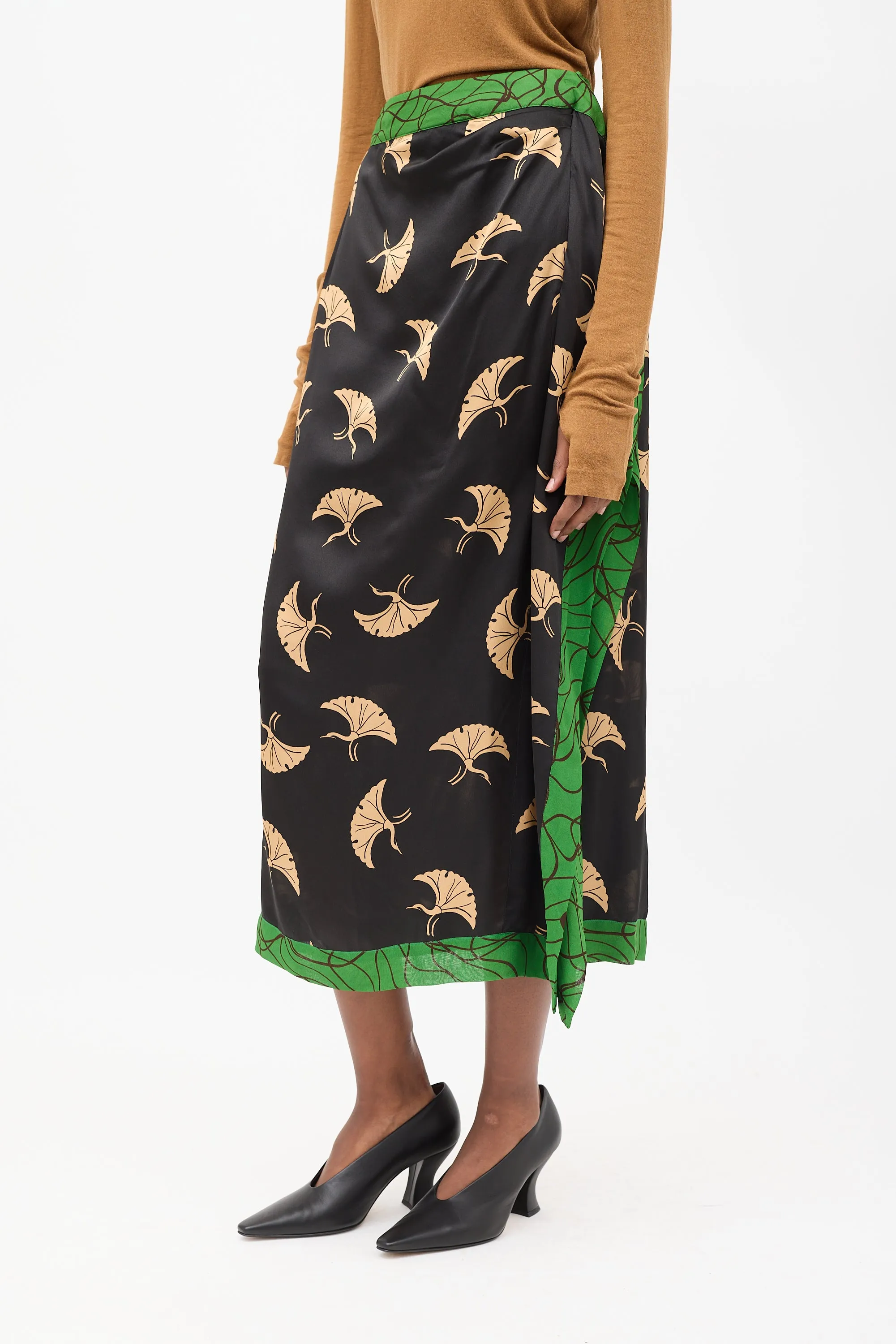 Black & Multicolour Silk Printed Midi Skirt