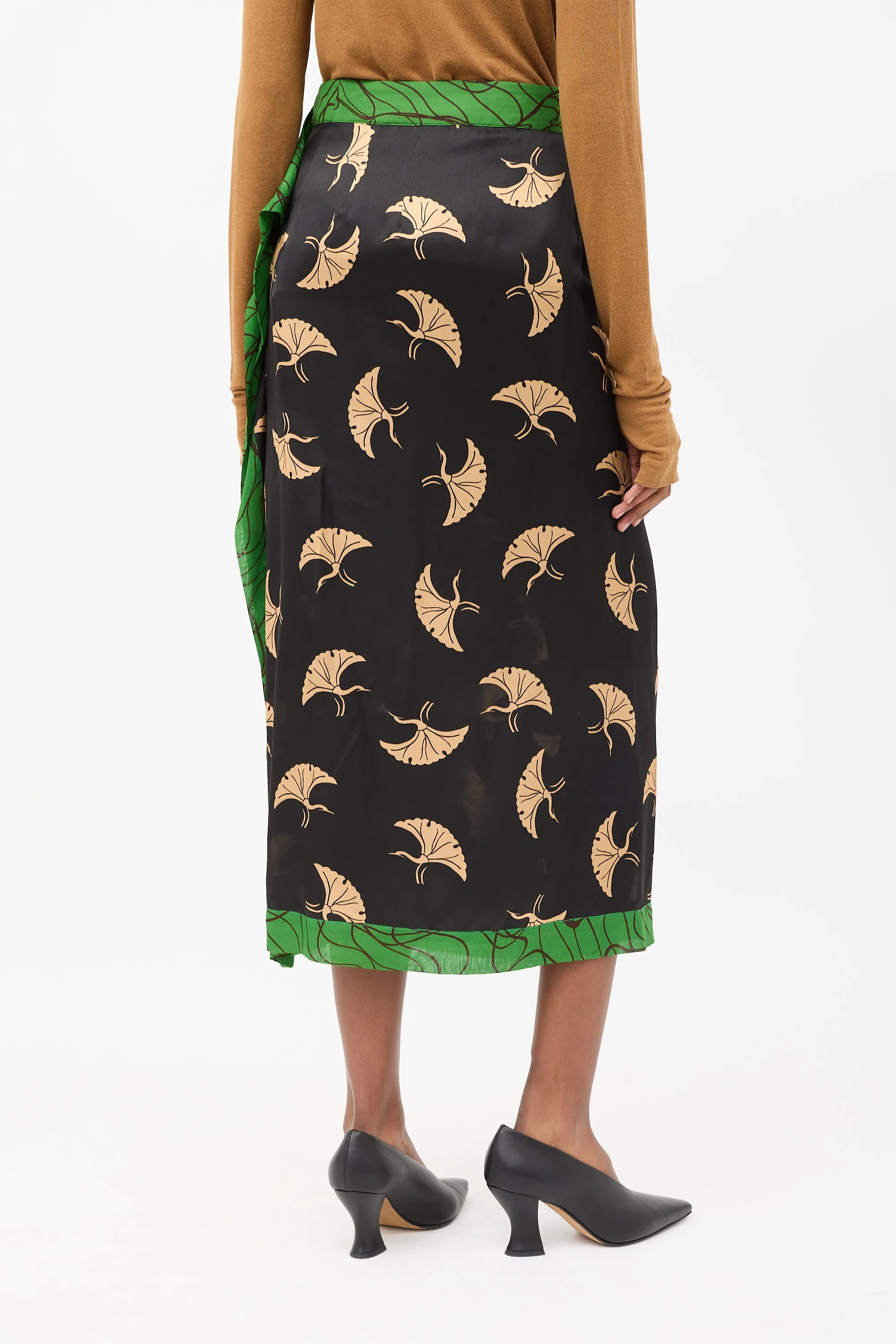 Black & Multicolour Silk Printed Midi Skirt