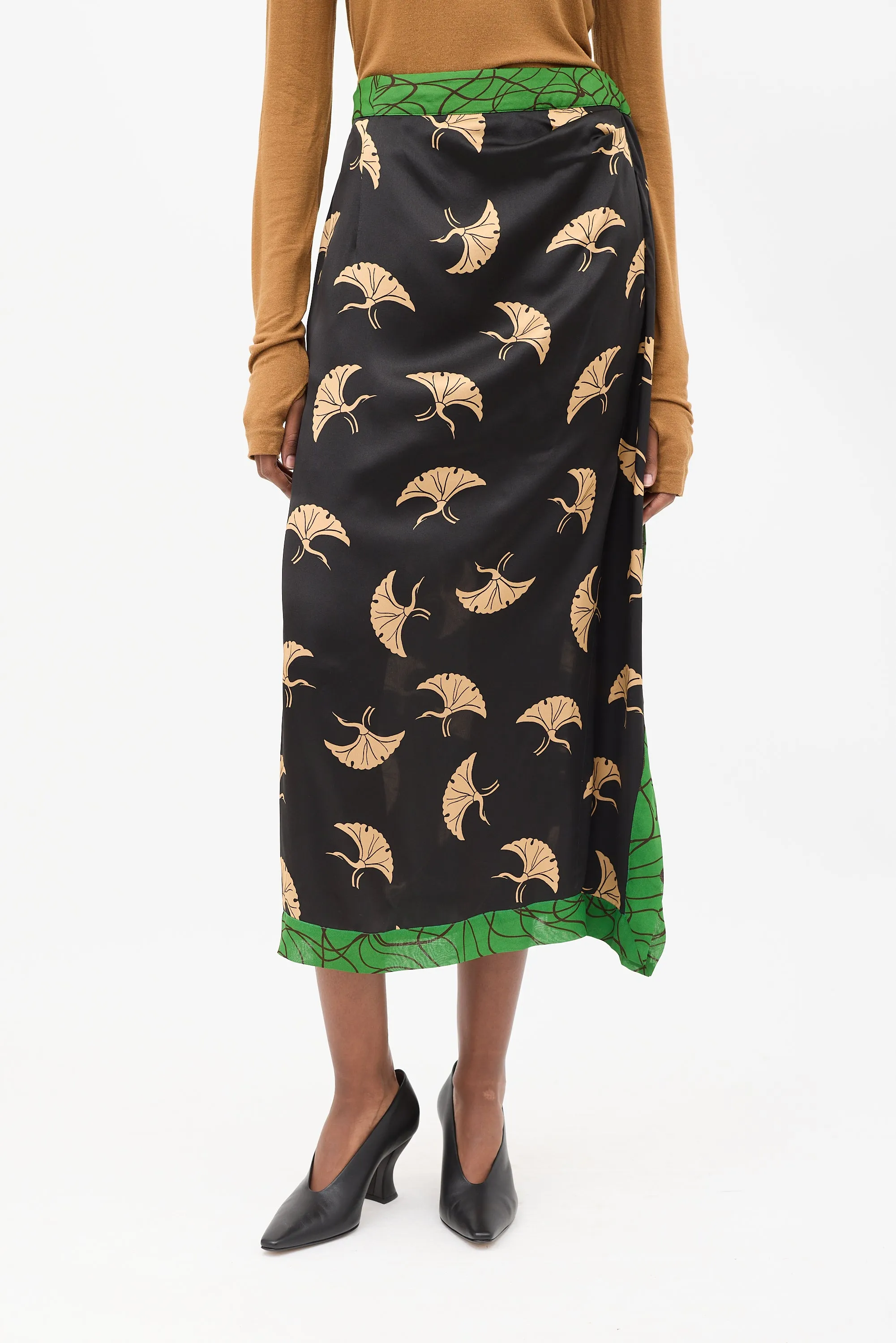 Black & Multicolour Silk Printed Midi Skirt