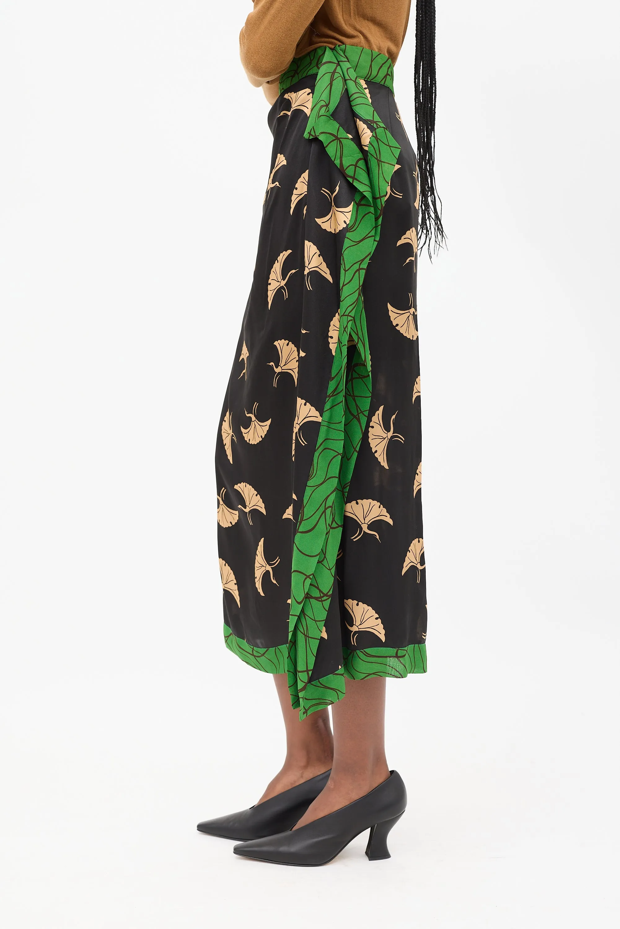 Black & Multicolour Silk Printed Midi Skirt