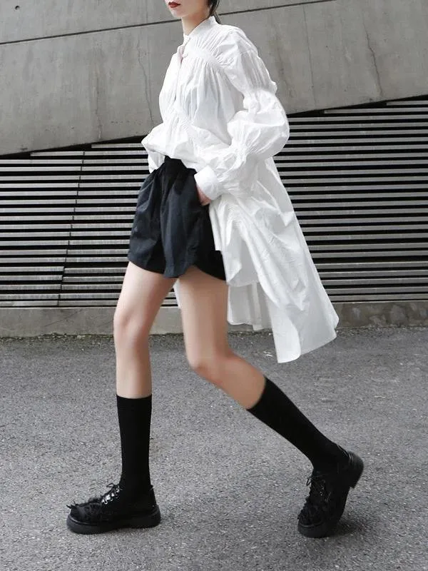 Elegant white cotton clothes For Women stand collar Cinched Dresses tops