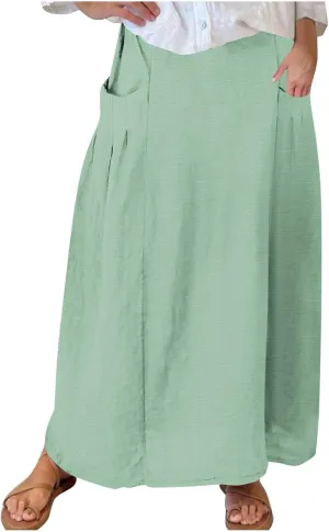 FZYLQY Womens High Waist Maxi Skirts Casual Loose Fit Flowy Swing Pleated A Line Long Skirts Solid Color Skirts with Pocket