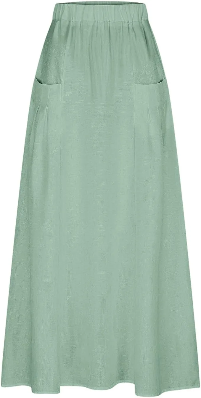 FZYLQY Womens High Waist Maxi Skirts Casual Loose Fit Flowy Swing Pleated A Line Long Skirts Solid Color Skirts with Pocket