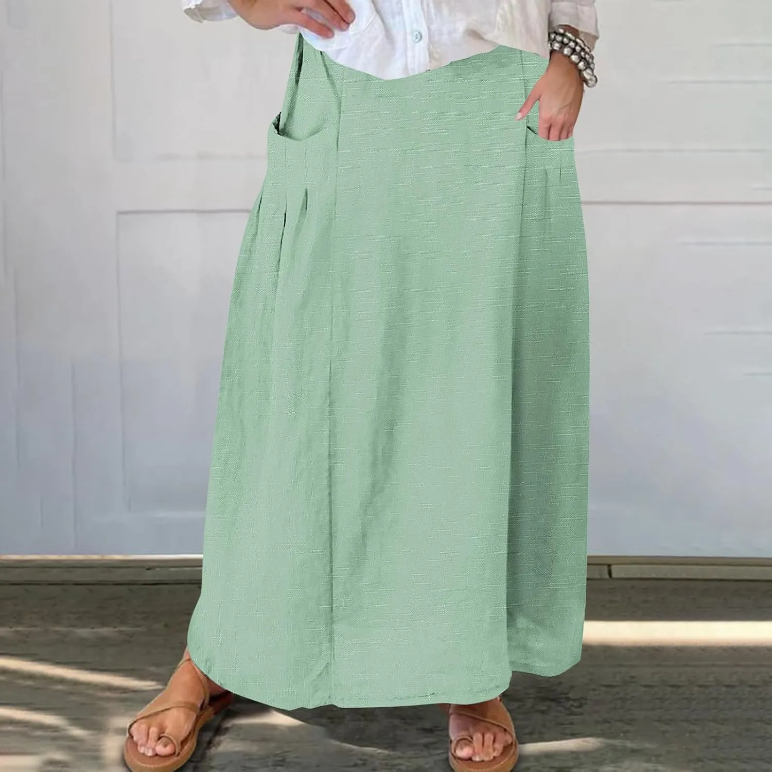 FZYLQY Womens High Waist Maxi Skirts Casual Loose Fit Flowy Swing Pleated A Line Long Skirts Solid Color Skirts with Pocket