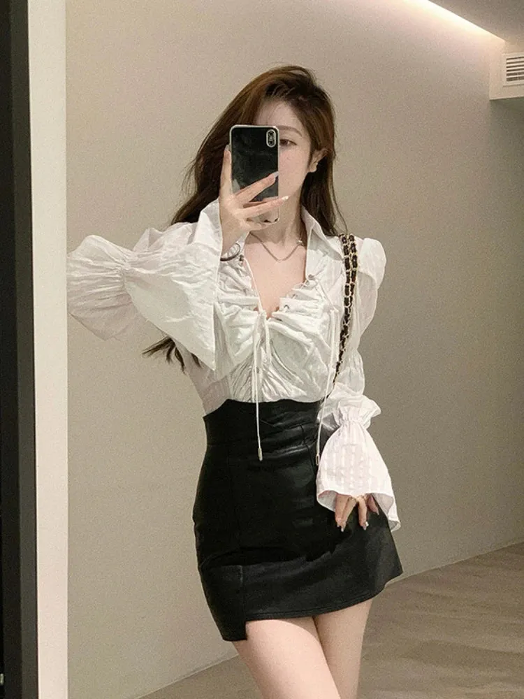 Girlary Autumn Design Elegant Blouse Women Long Sleeve Korean Style Shirts Office Lady Pure Color Thin Y2k Clothing Fashion Tops