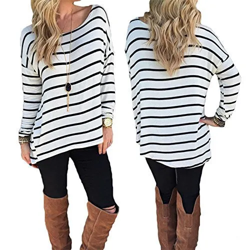 Halife Women's Crew Neck Long Sleeve T Shirt Women Loose Fit Casual Top Blouse,Black and White,Large