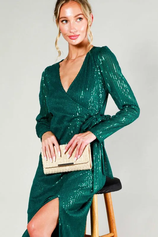 Hunter Green Long Sleeve Tie Waist Wrap Maxi Sequin Dress