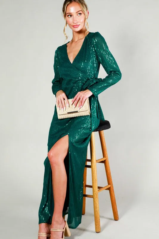 Hunter Green Long Sleeve Tie Waist Wrap Maxi Sequin Dress