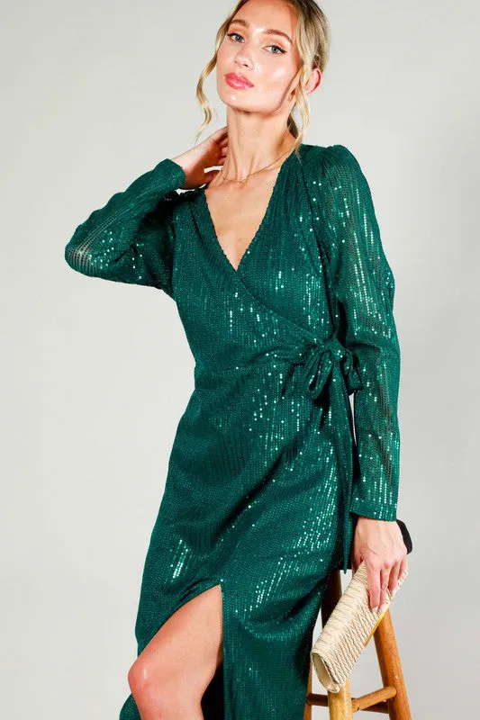Hunter Green Long Sleeve Tie Waist Wrap Maxi Sequin Dress