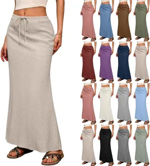Linen Maxi Skirts for Women 2025 Drawstring Elastic Waist Back Slit Pencil Skirt Summer Long Flowy Skirt with Pockets