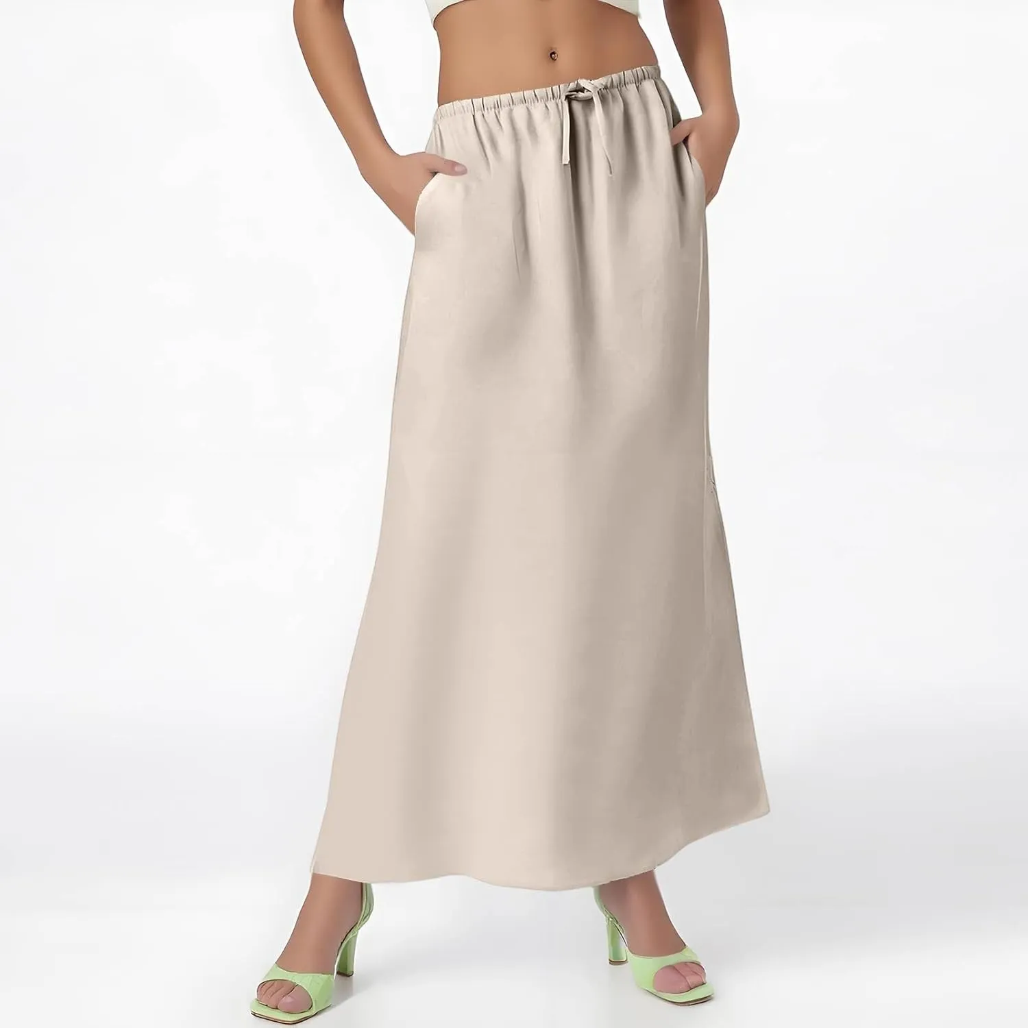 Linen Maxi Skirts for Women 2025 Drawstring Elastic Waist Back Slit Pencil Skirt Summer Long Flowy Skirt with Pockets