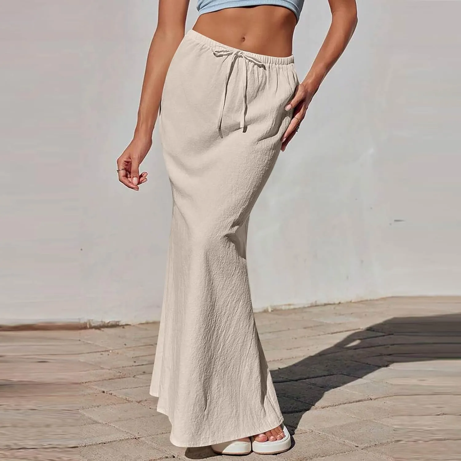 Linen Maxi Skirts for Women 2025 Drawstring Elastic Waist Back Slit Pencil Skirt Summer Long Flowy Skirt with Pockets
