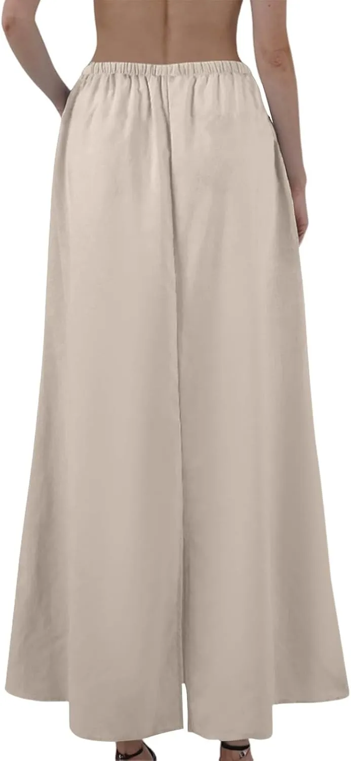 Linen Maxi Skirts for Women 2025 Drawstring Elastic Waist Back Slit Pencil Skirt Summer Long Flowy Skirt with Pockets