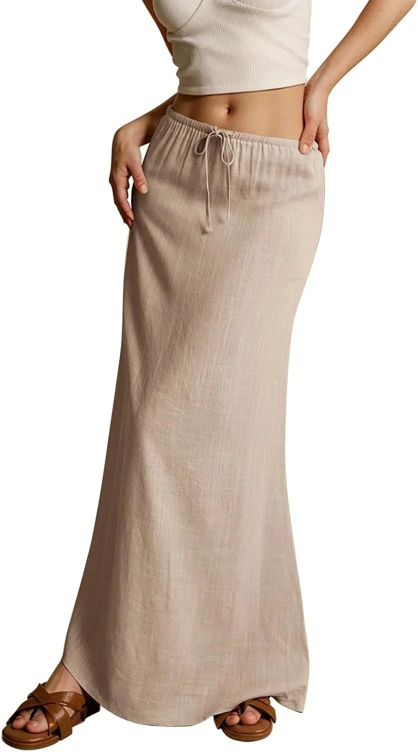 Linen Maxi Skirts for Women Trendy Summer Comfy Drawstring Waist A Line Skirts Cute Vacation Boho Long Flowy Skirts