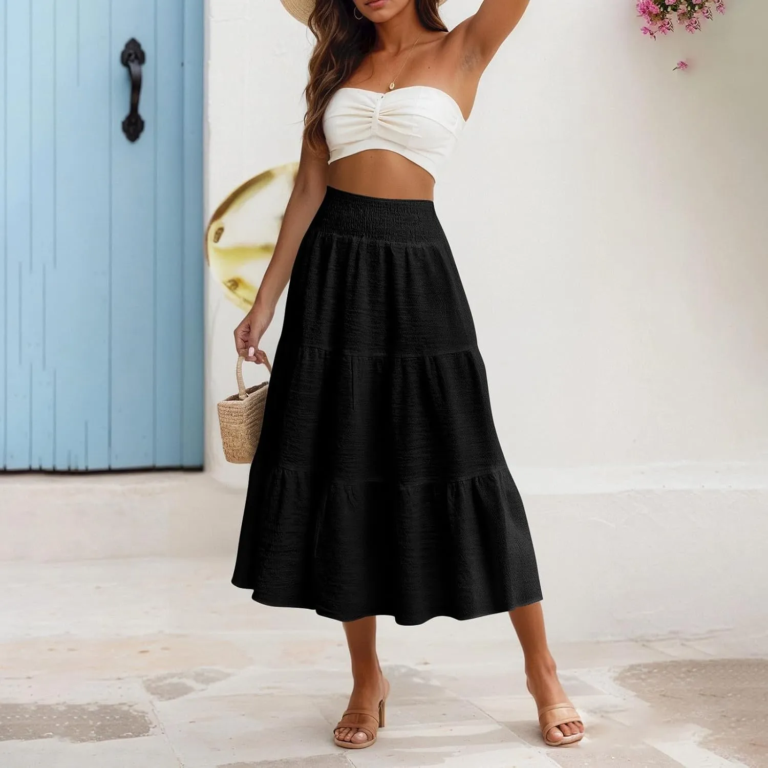 Linen Skirts for Women Smocked High Waisted Tiered Maxi Skirts Boho Summer Midi Length a Line Ruffle Long Flowy Skirts