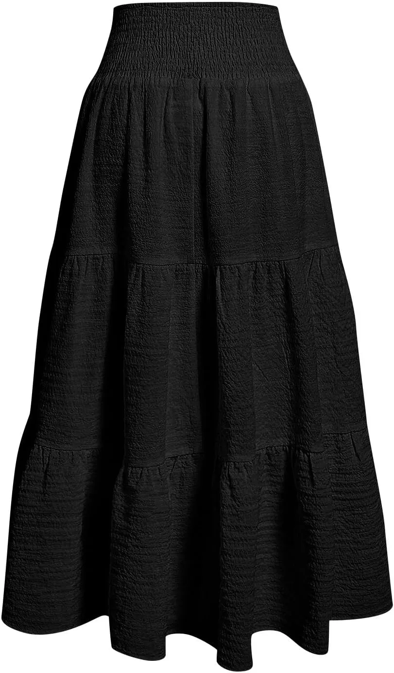 Linen Skirts for Women Smocked High Waisted Tiered Maxi Skirts Boho Summer Midi Length a Line Ruffle Long Flowy Skirts