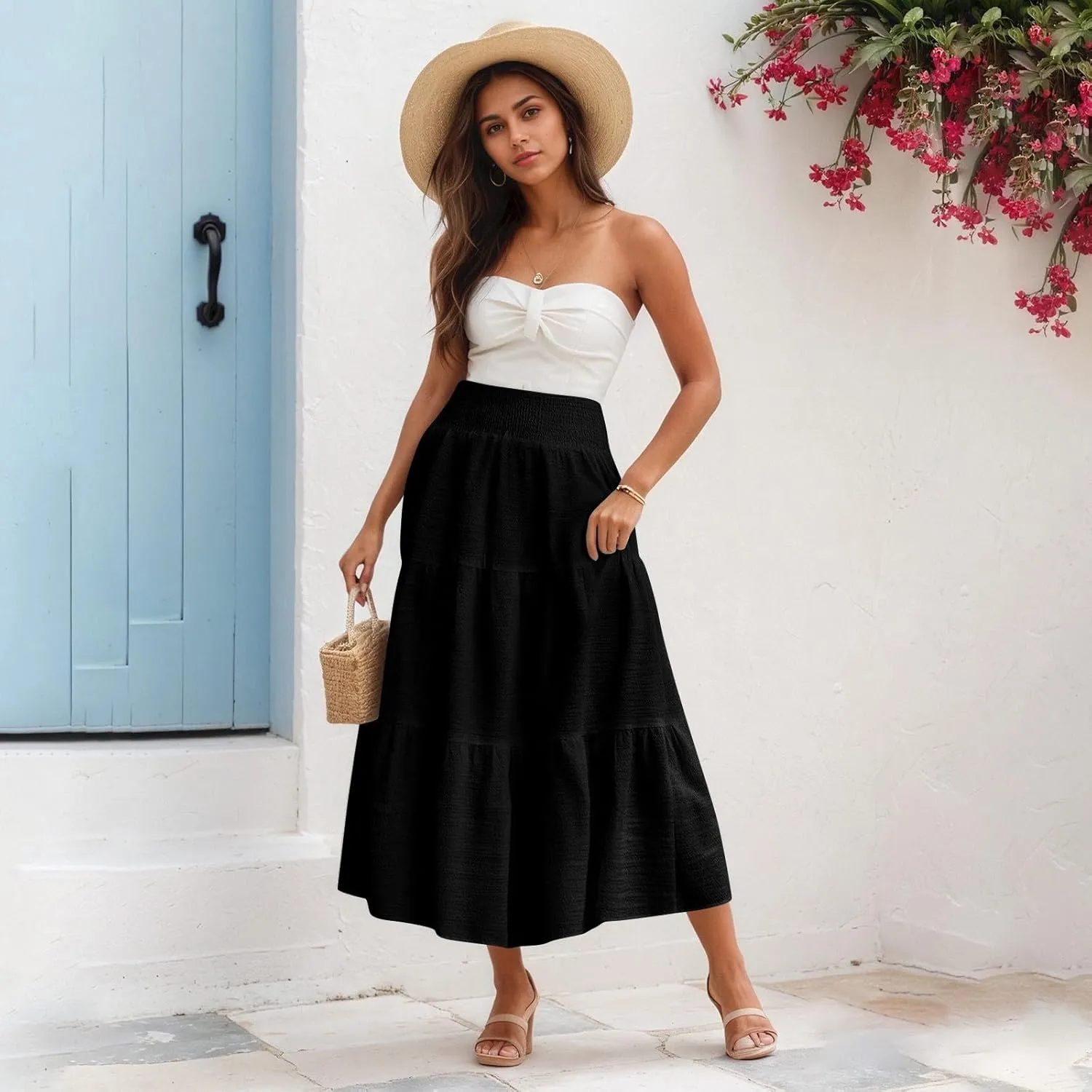 Linen Skirts for Women Smocked High Waisted Tiered Maxi Skirts Boho Summer Midi Length a Line Ruffle Long Flowy Skirts
