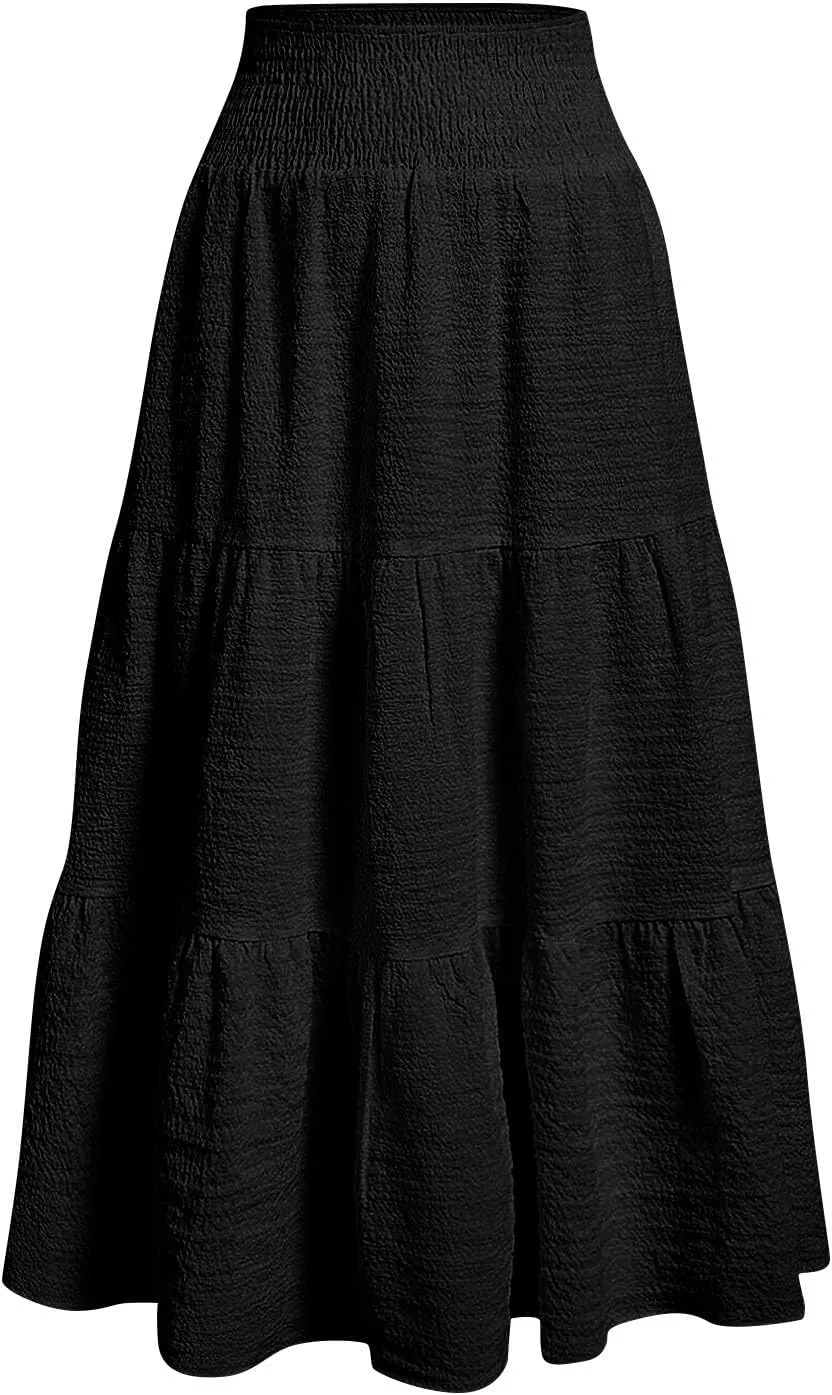Linen Skirts for Women Smocked High Waisted Tiered Maxi Skirts Boho Summer Midi Length a Line Ruffle Long Flowy Skirts
