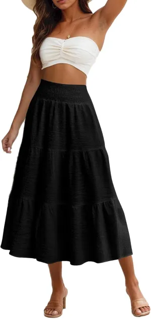 Linen Skirts for Women Smocked High Waisted Tiered Maxi Skirts Boho Summer Midi Length a Line Ruffle Long Flowy Skirts