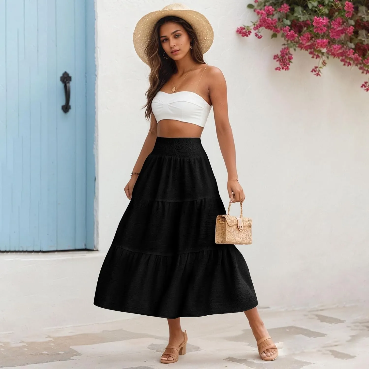 Linen Skirts for Women Smocked High Waisted Tiered Maxi Skirts Boho Summer Midi Length a Line Ruffle Long Flowy Skirts