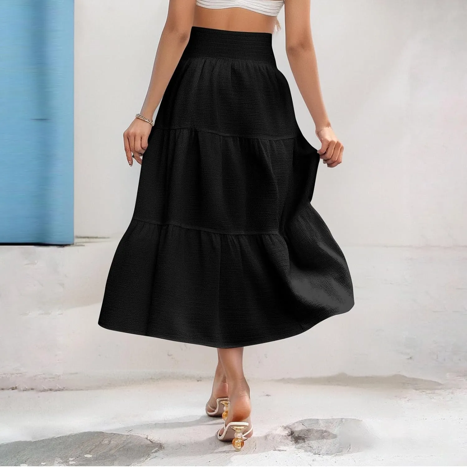 Linen Skirts for Women Smocked High Waisted Tiered Maxi Skirts Boho Summer Midi Length a Line Ruffle Long Flowy Skirts