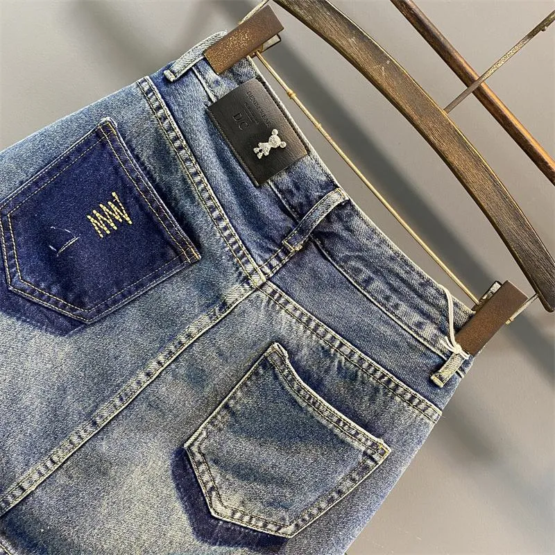 Retro Color Blocking High-Waisted Pocket Chic Bodycon Denim Skirt