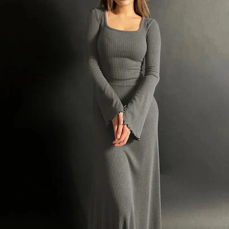 Square Neck A-Line Solid Color Basic Bell Sleeve Maxi Commuting Dress