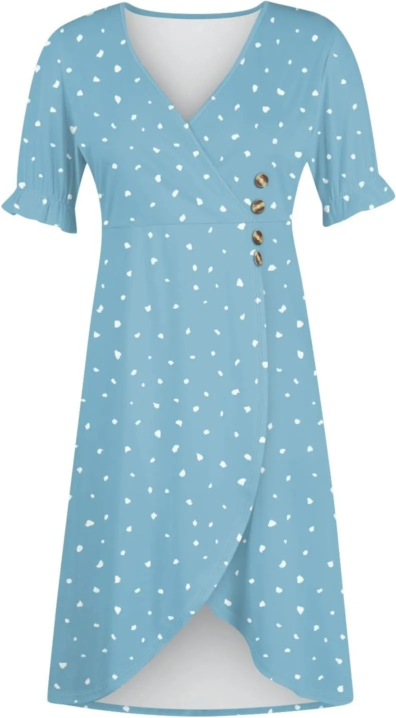 Summer Dresses for Women 2024 V Neck Puff Sleeves Elegant Wrap Midi Dress Boho Flowy Ruched Irregular Hem Beach Dress