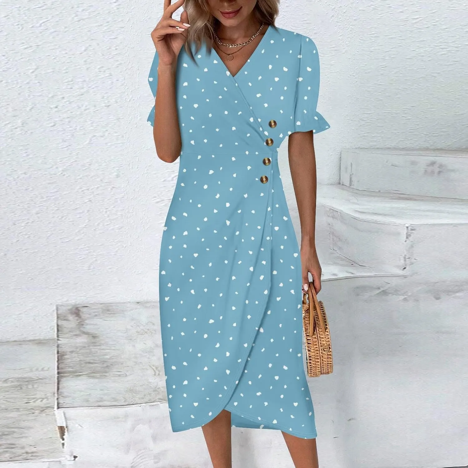 Summer Dresses for Women 2024 V Neck Puff Sleeves Elegant Wrap Midi Dress Boho Flowy Ruched Irregular Hem Beach Dress