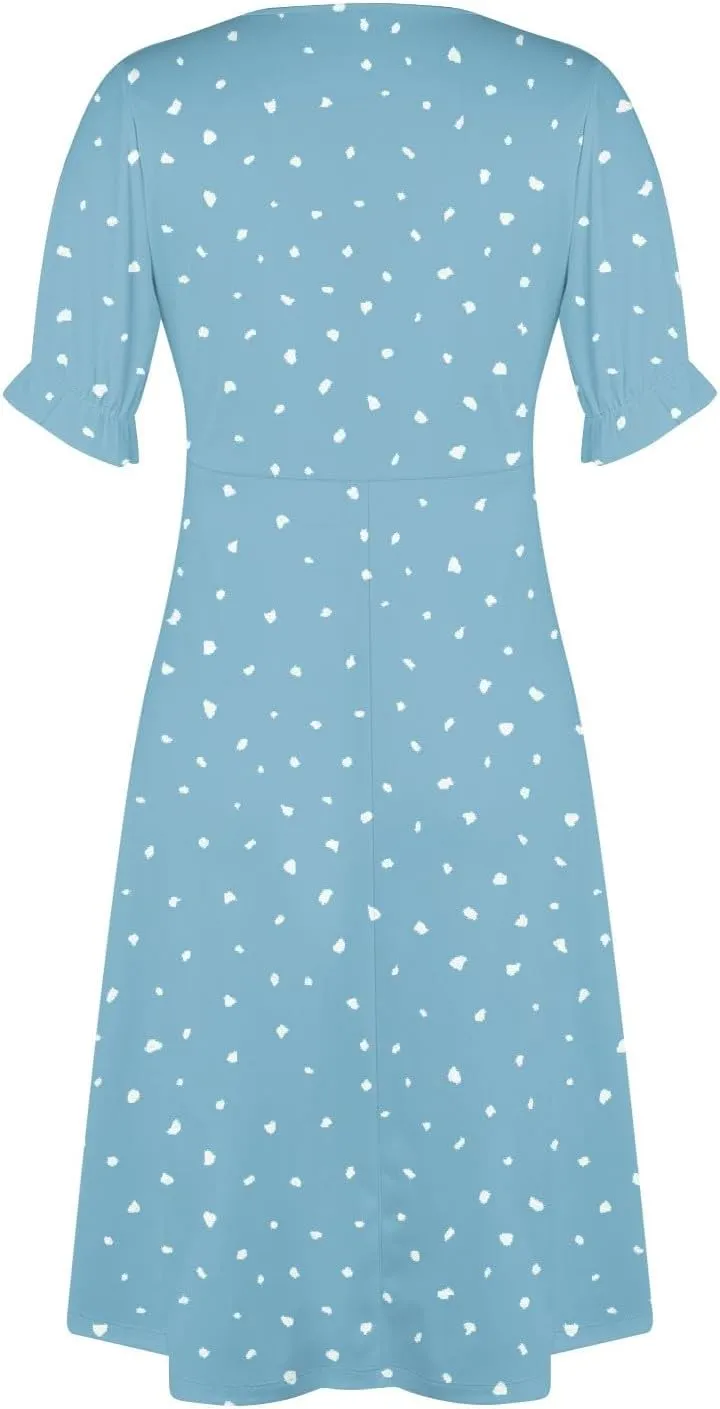 Summer Dresses for Women 2024 V Neck Puff Sleeves Elegant Wrap Midi Dress Boho Flowy Ruched Irregular Hem Beach Dress