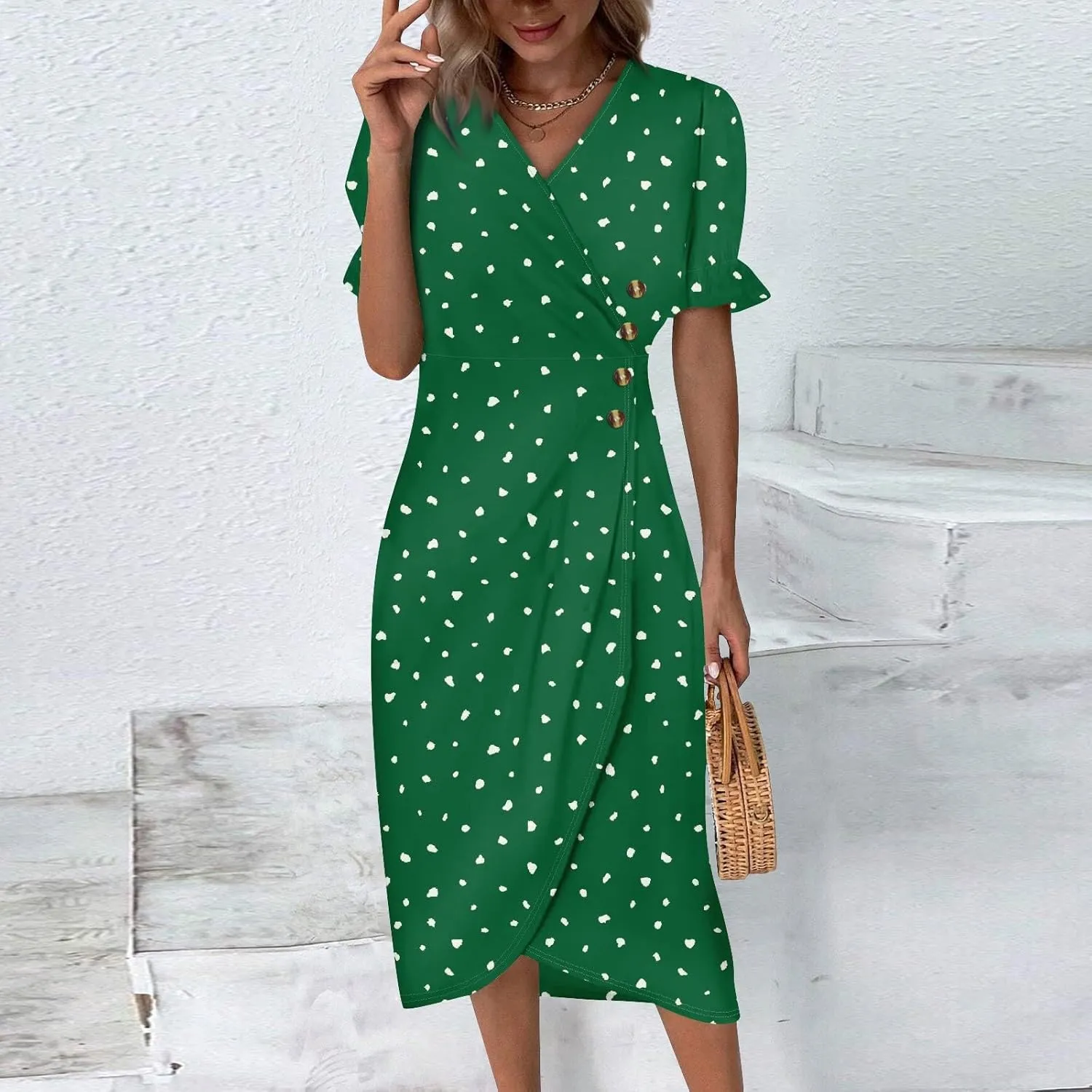 Summer Dresses for Women 2024 V Neck Puff Sleeves Elegant Wrap Midi Dress Boho Flowy Ruched Irregular Hem Beach Dress