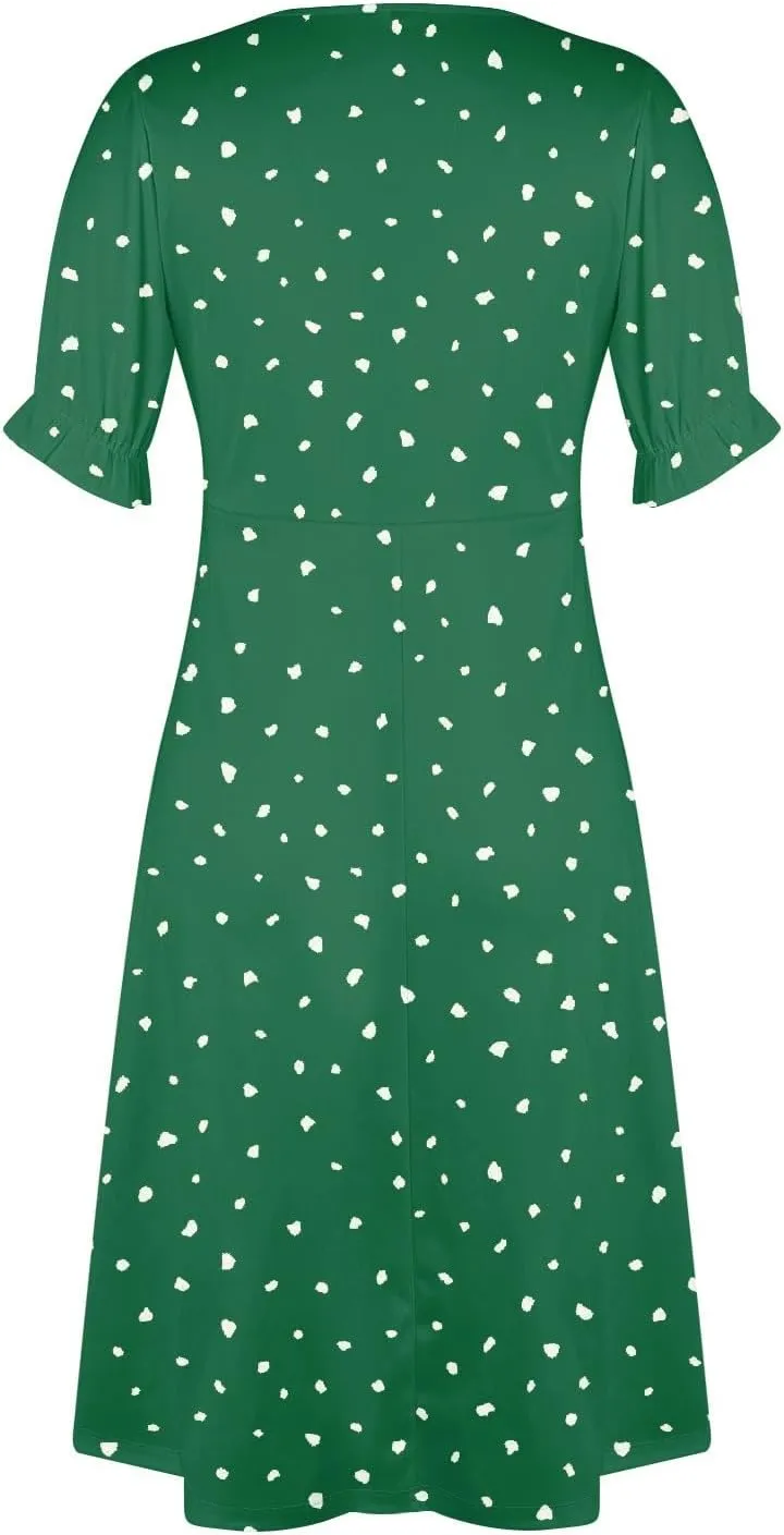 Summer Dresses for Women 2024 V Neck Puff Sleeves Elegant Wrap Midi Dress Boho Flowy Ruched Irregular Hem Beach Dress
