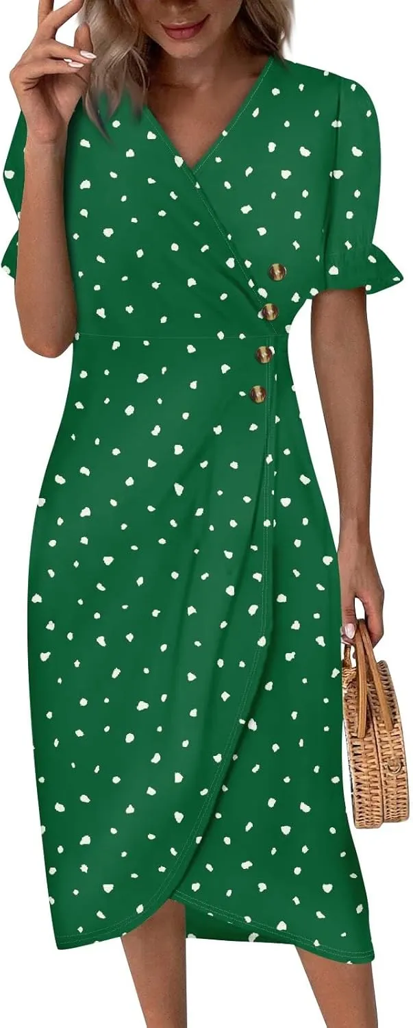 Summer Dresses for Women 2024 V Neck Puff Sleeves Elegant Wrap Midi Dress Boho Flowy Ruched Irregular Hem Beach Dress