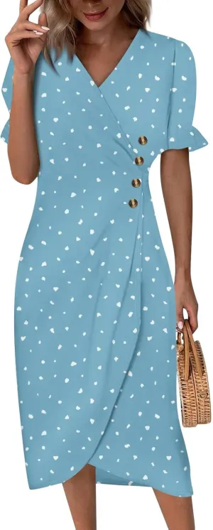 Summer Dresses for Women 2024 V Neck Puff Sleeves Elegant Wrap Midi Dress Boho Flowy Ruched Irregular Hem Beach Dress