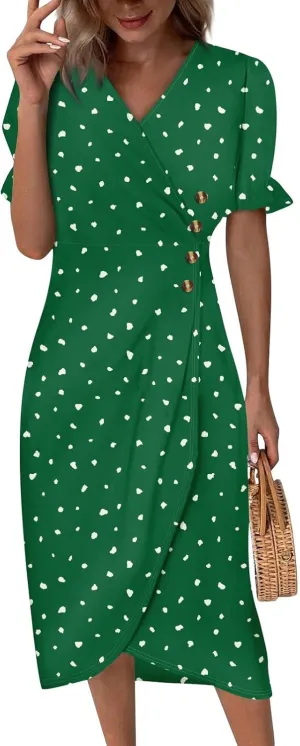 Summer Dresses for Women 2024 V Neck Puff Sleeves Elegant Wrap Midi Dress Boho Flowy Ruched Irregular Hem Beach Dress