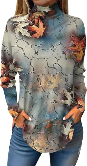 Tunic Tops For Women Loose Fit Dressy Print Mock Neck Shirts Casual Turtle Necks Long Sleeve Shirts Fall Blouse