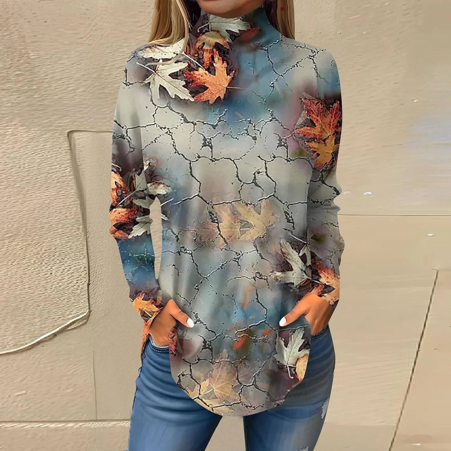 Tunic Tops For Women Loose Fit Dressy Print Mock Neck Shirts Casual Turtle Necks Long Sleeve Shirts Fall Blouse