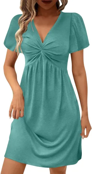 Twist Wrap Dresses for Women Solid Color V Neck High Waist Pleated Dress Fashion Casual S Slim Fit Streetwear